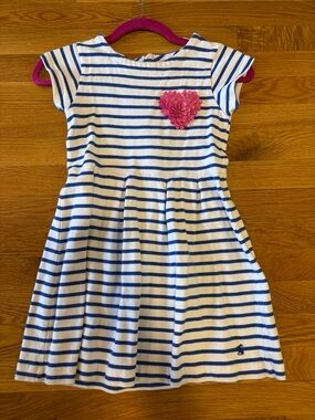 Girls Blue & White Stripe Dress with Pink Heart Accent joules size 8 exposed zip
